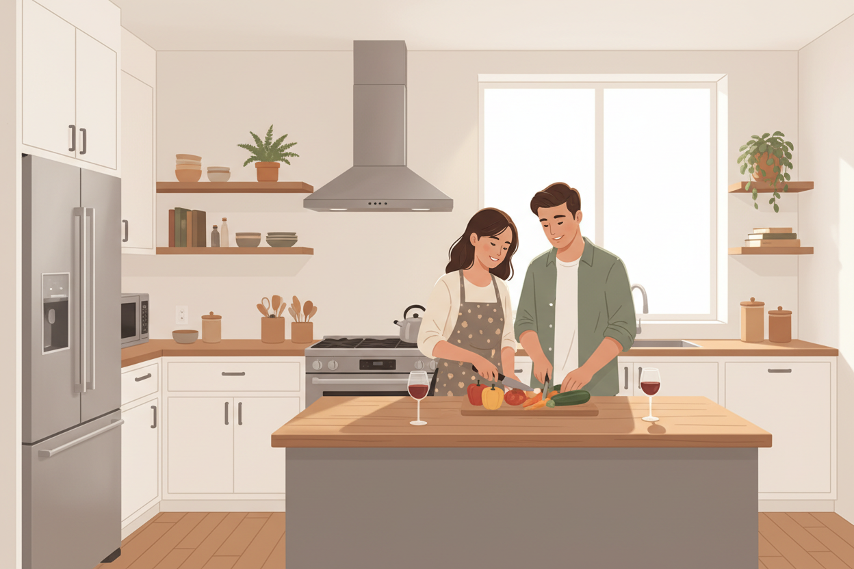 Illustration moderne et chaleureuse d’un couple cuisinant ensemble dans une cuisine lumineuse. Style illustration numérique douce et minimaliste, couleurs chaudes et naturelles. Une femme et un homme souriants coupent des légumes sur un îlot central en bois, deux verres de vin posés à côté. Cuisine contemporaine avec placards blancs, réfrigérateur inox, hotte moderne, étagères en bois, plantes vertes, lumière naturelle entrant par une grande fenêtre. Ambiance cosy, scène de vie quotidienne, composition équi