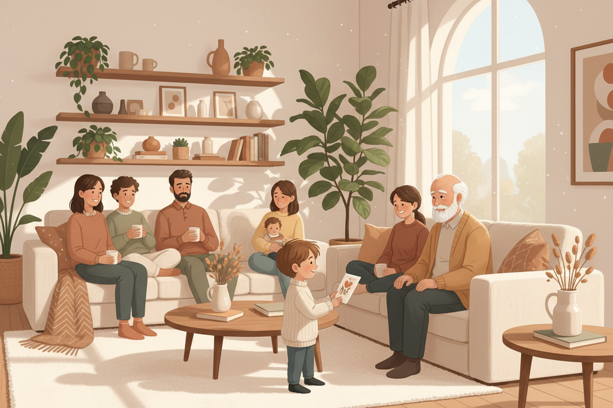 Illustration moderne et chaleureuse d’une famille et d'amis dans un salon lumineu. Style illustration numérique douce et minimaliste, couleurs chaudes et naturelles. Un petit fils et son grand père souriants s'échangent une carte. étagères en bois, plantes vertes, lumière naturelle entrant par une grande fenêtre. Ambiance cosy, scène de vie quotidienne.